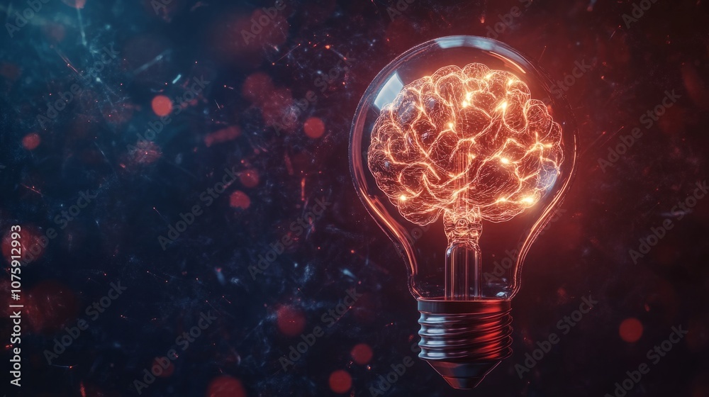 Light bulb with brain structure glowing inside, dark background generative ai