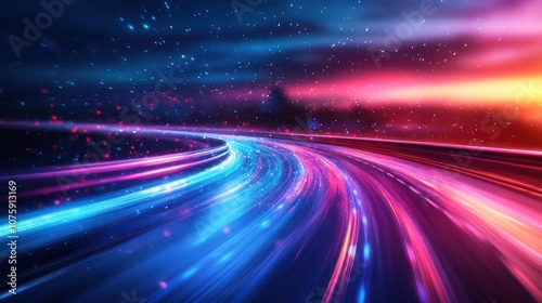 Abstract image of a road with glowing lights, representing fast speed, travel, and futuristic technology.