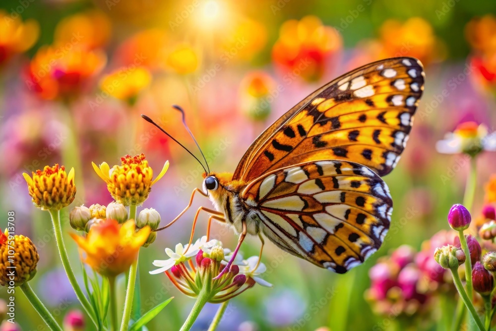 Fototapeta premium Leopard Butterfly Close-Up Collecting Nectar on Wild Flowers in Daylight, Vibrant Macro Nature Photography, Delicate Beauty and Tranquility in Blooming Meadow neon color
