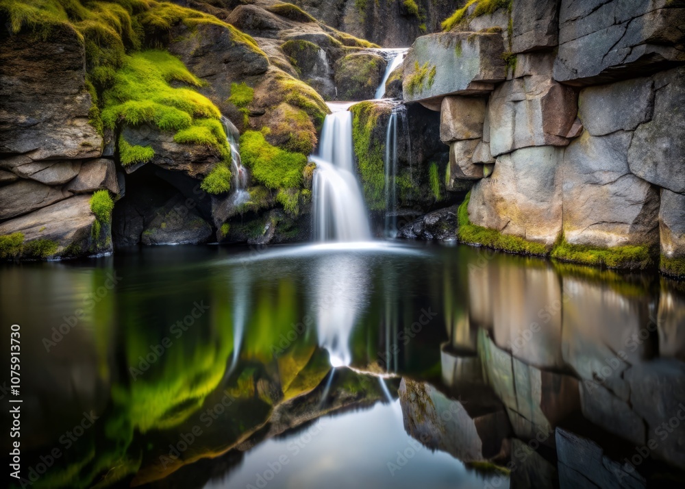 Fototapeta premium Minimalist Scene of Nature's Erosion: Dripping White Substance from Cracked Rock Formations into Murky Pool Surrounded by Moss and Water Droplets, Showcasing Geological Beauty