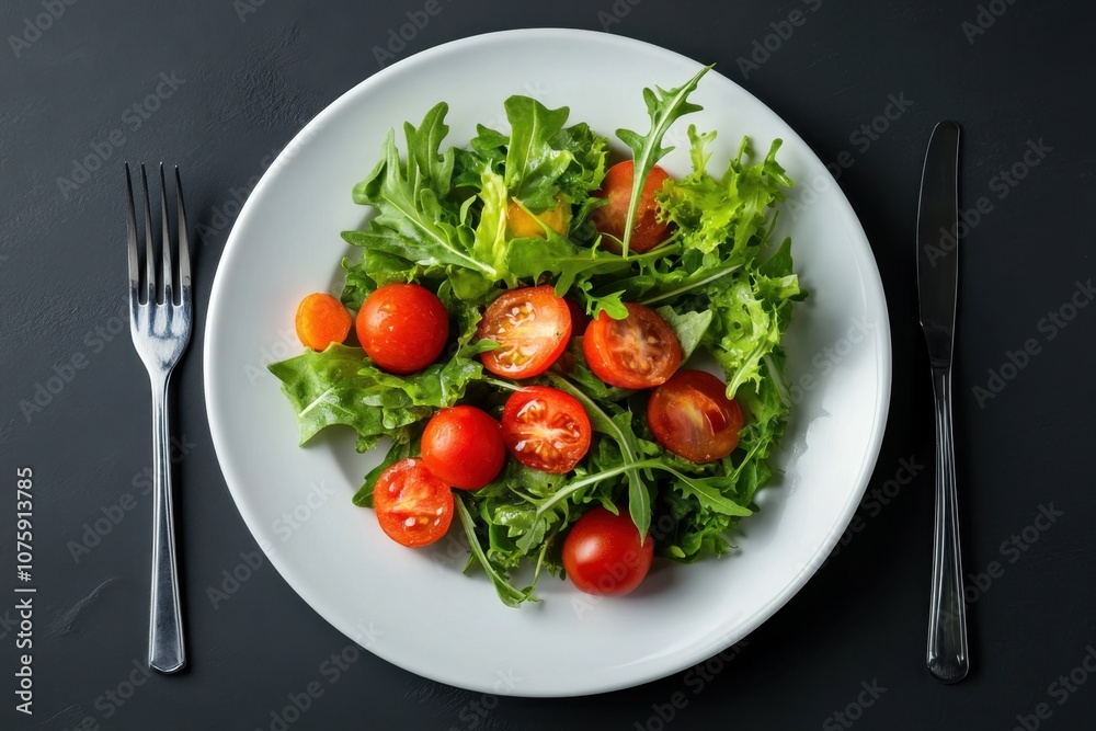 Fresh salad with cherry tomatoes and arugula on white plate. Fresh salad with cherry tomatoes and arugula on white plate.