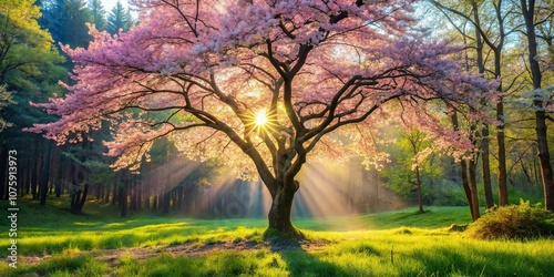 Golden rays pierce through the delicate pink blossoms, illuminating a verdant clearing in the forest