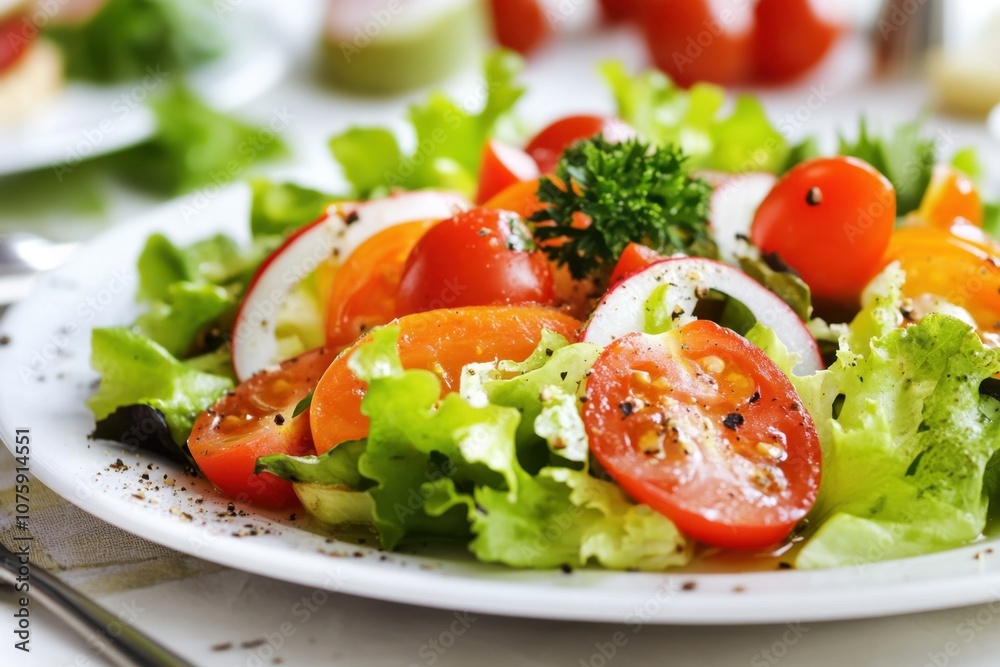 Fresh salad with cherry tomatoes, lettuce, and radish on a white plate. Fresh salad with cherry tomatoes, lettuce, and radish on a white plate.