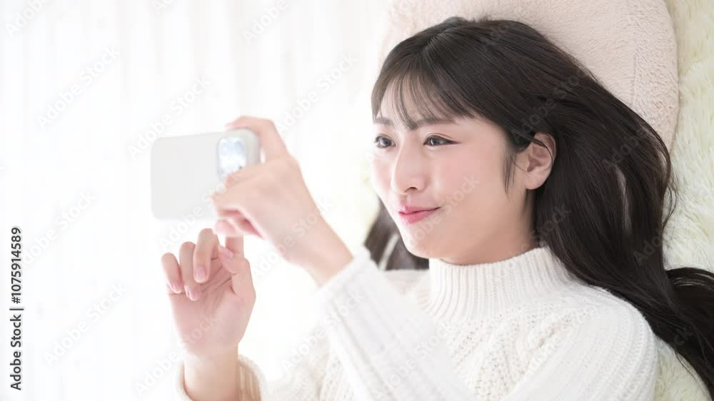Close-up video of a young woman lying on her back watching and tapping videos on her phone. Close-up video of a young woman lying on her back watching and tapping videos on her phone.