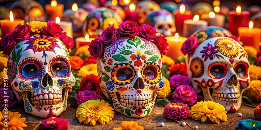 Vibrant Day of the Dead Skulls Adorned with Floral Decorations Celebrating Mexican Culture and Tradition in a Colorful Festive Atmosphere Vibrant Day of the Dead Skulls Adorned with Floral Decorations Celebrating Mexican Culture and Tradition in a Colorful Festive Atmosphere