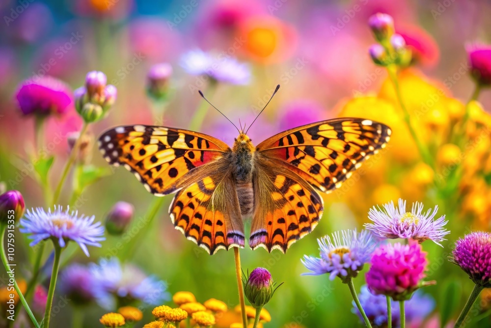 Leopard Butterfly Close-Up Collecting Nectar on Wild Flowers in Daylight, Vibrant Macro Nature Photography, Delicate Beauty and Tranquility in Blooming Meadow neon color Leopard Butterfly Close-Up Collecting Nectar on Wild Flowers in Daylight, Vibrant Macro Nature Photography, Delicate Beauty and Tranquility in Blooming Meadow neon color