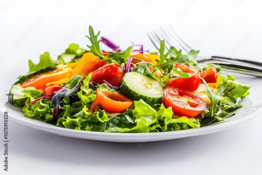 Fresh salad with lettuce, tomatoes, cucumbers, and bell peppers on a white plate. Fresh salad with lettuce, tomatoes, cucumbers, and bell peppers on a white plate.