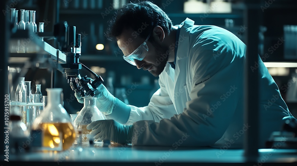 Scientist Examining a Sample Under a Microscope in a Laboratory