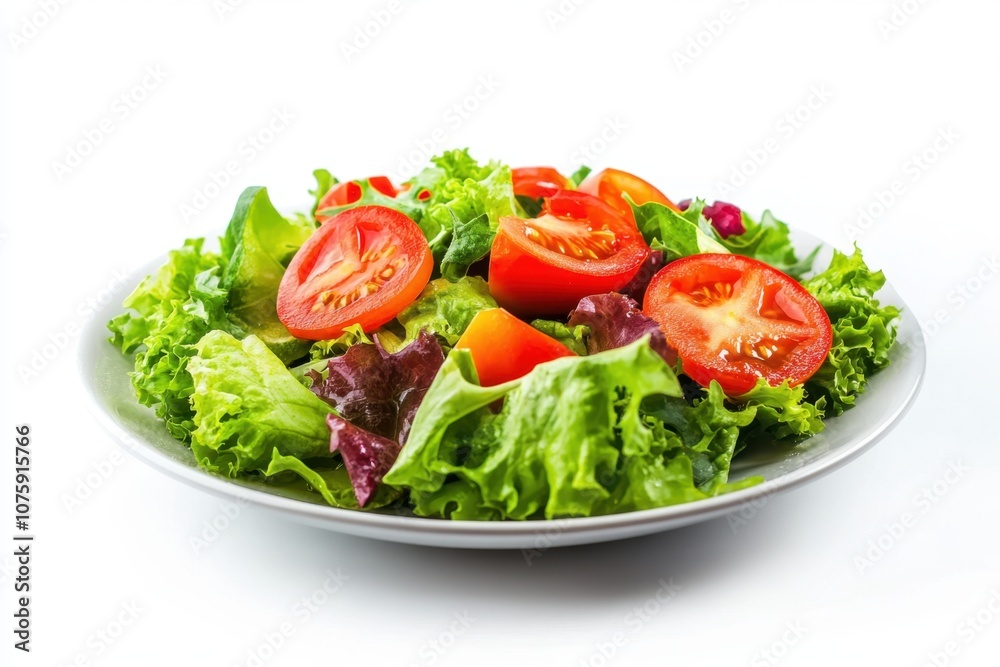 Fresh salad with tomatoes and lettuce on white plate. Fresh salad with tomatoes and lettuce on white plate.