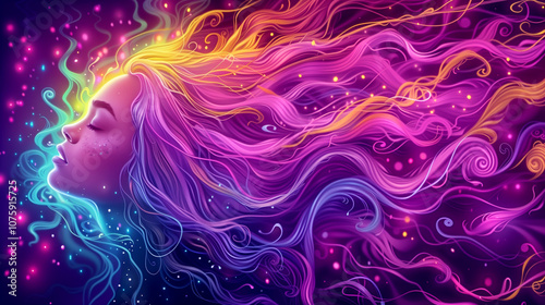 A woman with long purple hair is shown in a colorful, dreamy background. The hair is flowing and he is made of light, giving the impression of a fantastical, otherworldly being