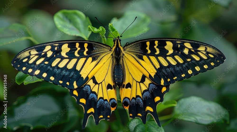 A yellow and black butterfly with its wings spread wide, perched on a green leaf. A yellow and black butterfly with its wings spread wide, perched on a green leaf.
