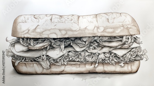 A detailed pencil drawing of a  sandwich with lettuce, tomato, and meat on a white background. photo