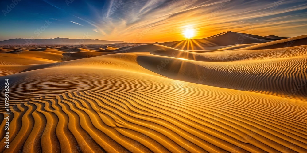 Naklejka premium A Golden Desert Landscape Bathed in the Warm Glow of a Setting Sun, Its Sand Dunes Forming Elegant Waves Under a Sky Painted with Hues of Azure and Crimson.