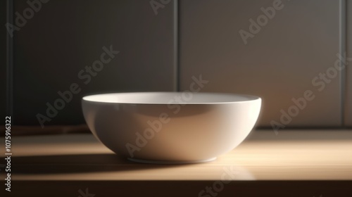 A minimalist 3 of a plain white ceramic bowl, placed on a clean white surface with subtle lighting.