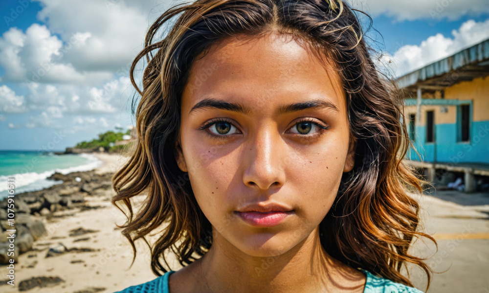 A woman with brown hair and brown eyes is standing on a beach A woman with brown hair and brown eyes is standing on a beach