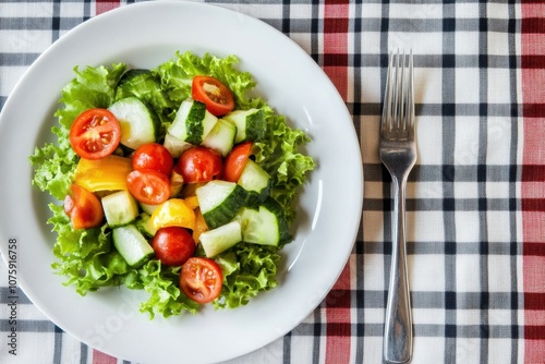 Fresh salad with tomatoes, cucumber, bell peppers, and lettuce on a white plate with a fork on a checkered tablecloth.