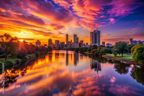 Vibrant Sunset Over City Skyline with Reflections in River and Romantic Riverside Road Lined with Trees Creating a Serene Atmosphere for Evening Strolls