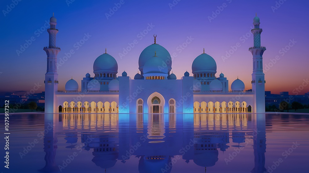 Obraz premium A Majestic Mosque Reflecting on a Still Water at Twilight