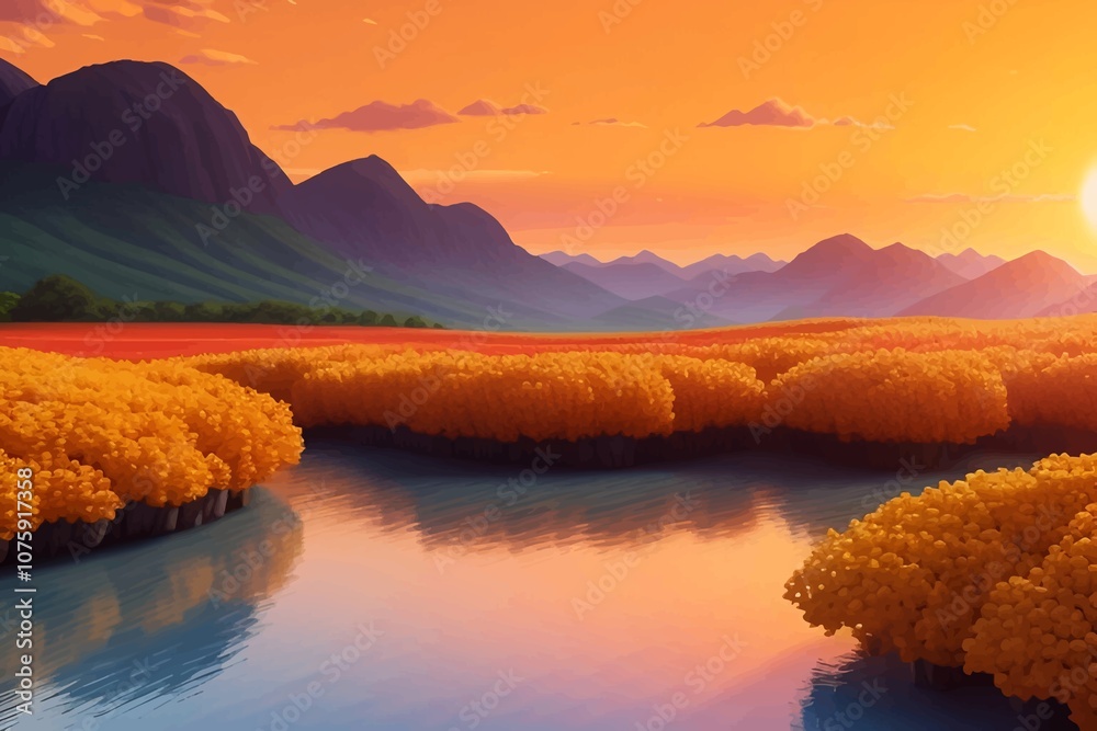 Fototapeta premium Beautiful and Peaceful Nature Scenery Illustration Landscape Countryside Tranquil Vibrant and Colorful