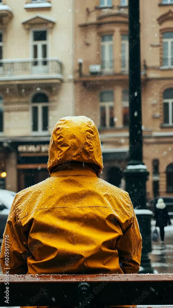 A person in a yellow raincoat sits on a bench in the city during a light snowfall A person in a yellow raincoat sits on a bench in the city during a light snowfall