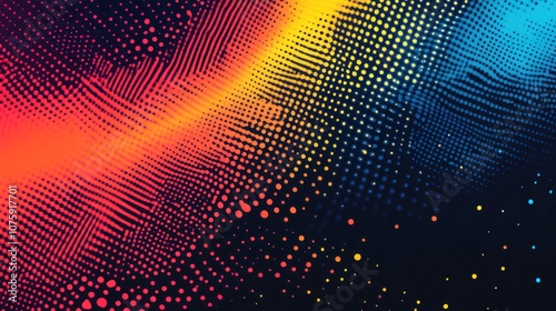 Abstract digital background with red, orange, yellow, and blue gradient in halftone pattern.