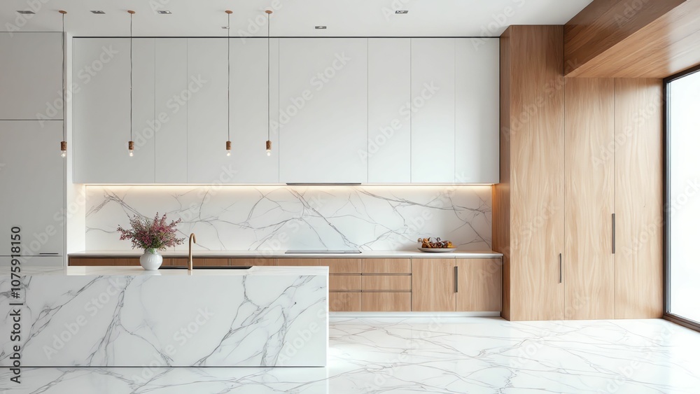 Harmonious Blend of Warm Wood and Sleek Marble in Modern Kitchen Harmonious Blend of Warm Wood and Sleek Marble in Modern Kitchen