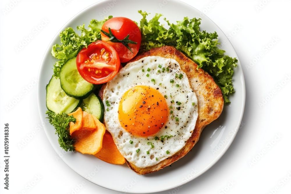 Fried egg with toast and vegetables on a white plate. Fried egg with toast and vegetables on a white plate.