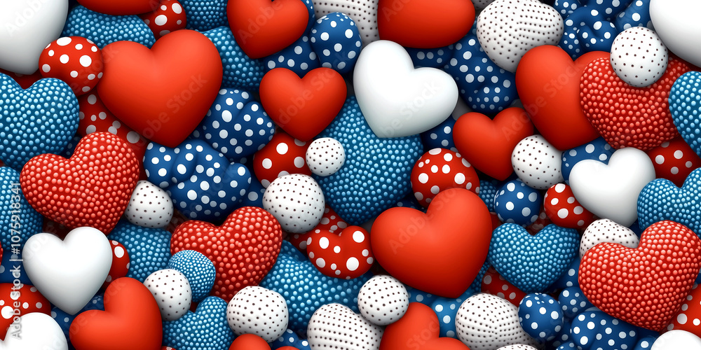 A colorful heart pattern with red, white, and blue hearts. The hearts are all different sizes and are scattered throughout the image
