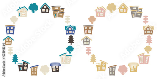 サークル状に垂直に配置された家と木のシルエット(レトロカラー)