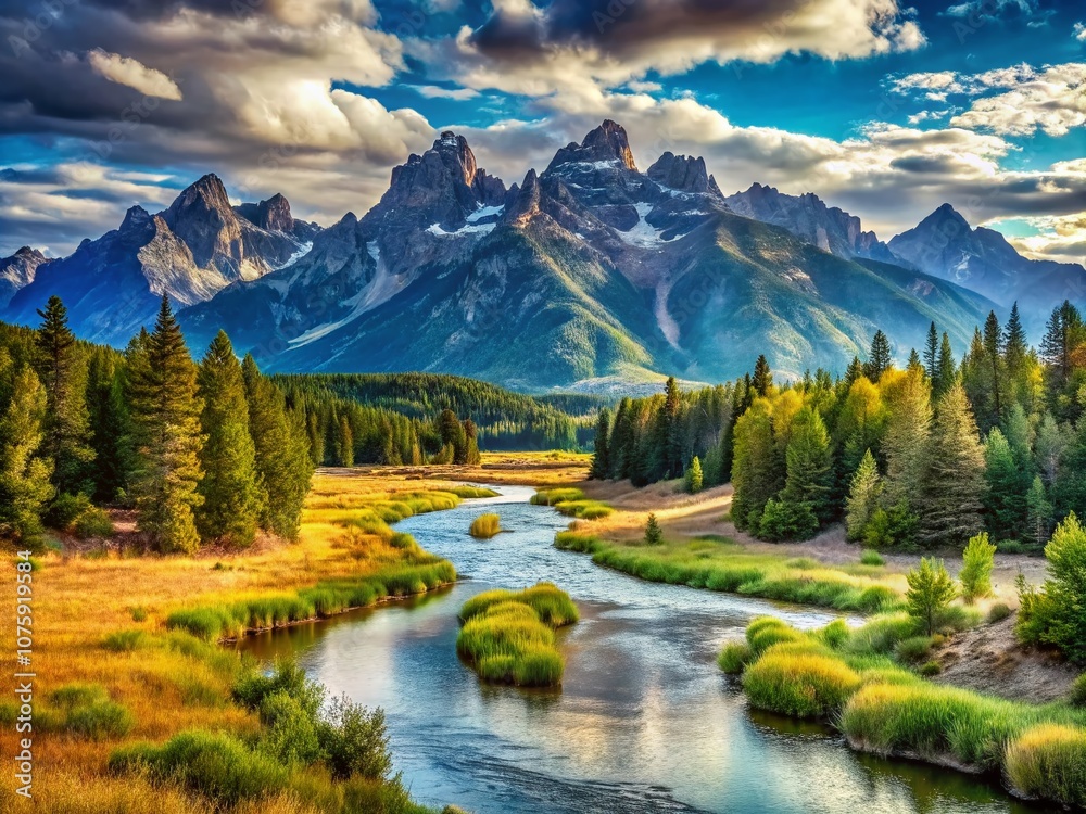 Fototapeta premium Vintage Style Photography of a Serene Stream Flowing Through a Sunny Summer Valley Surrounded by Lush Trees and Majestic Mountains in Picturesque Wyoming Landscape