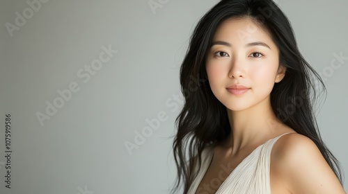 A close-up portrait of an 18-year-old Asian woman in a cream-colored dress. Focus on her soft features and the neat, long hair framing her face,