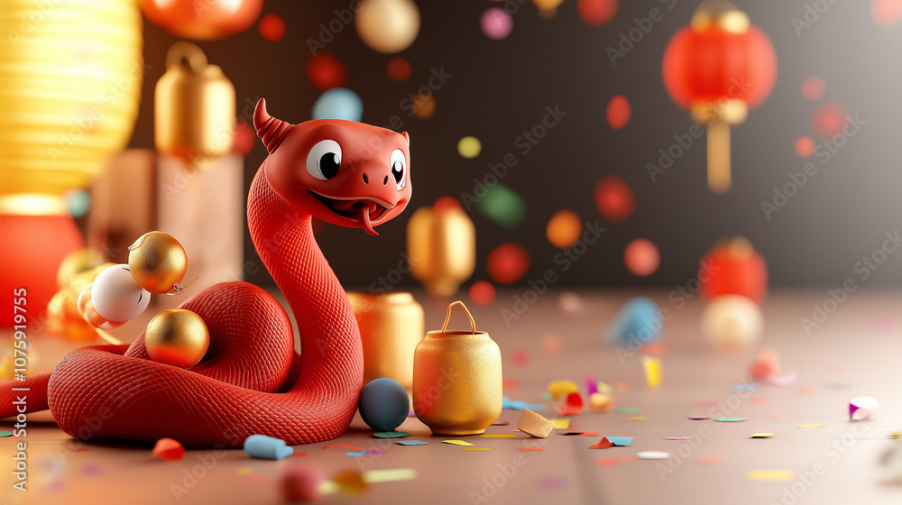 Naklejka premium Adorable 3D cartoon snake representing Chinese zodiac, surrounded by festive decorations and colorful confetti, creating joyful atmosphere