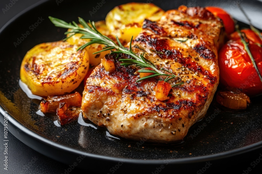 Grilled chicken breast with roasted tomatoes and rosemary. Grilled chicken breast with roasted tomatoes and rosemary.