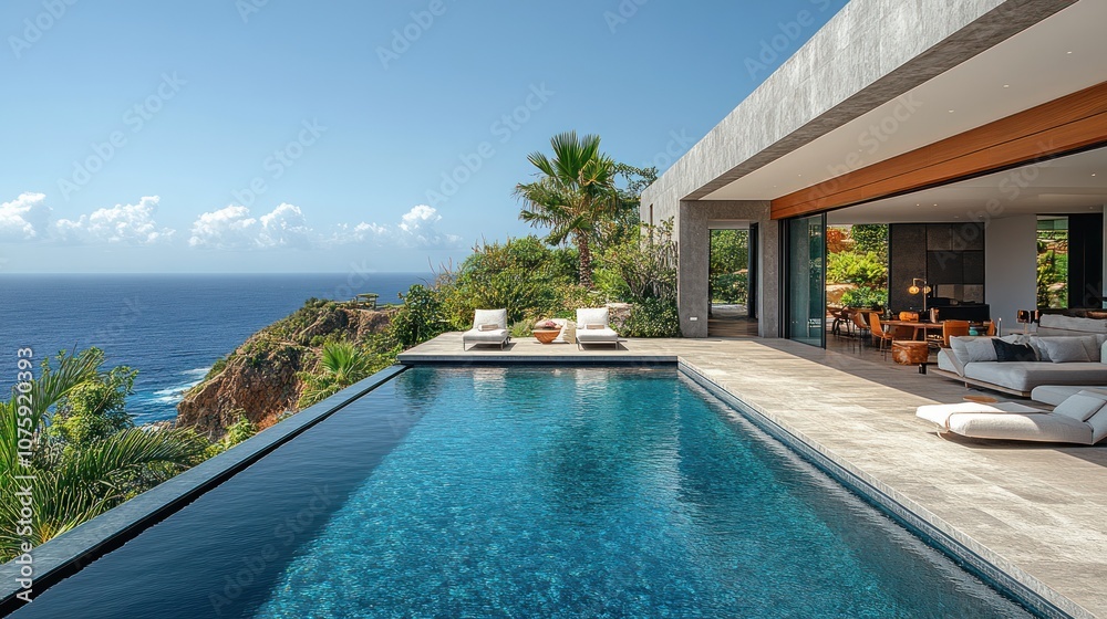 Fototapeta premium Modern villa with infinity pool overlooking the ocean.