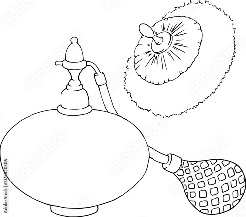 Antique perfume bottle and a powder puff. Can be used for beauty, cosmetics, and perfume ads. Designing vintage-themed packaging, labels, or logos. design element for a fashion or lifestyle blog