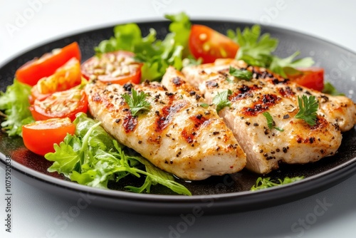 Grilled chicken breast with salad and cherry tomatoes on a black plate.