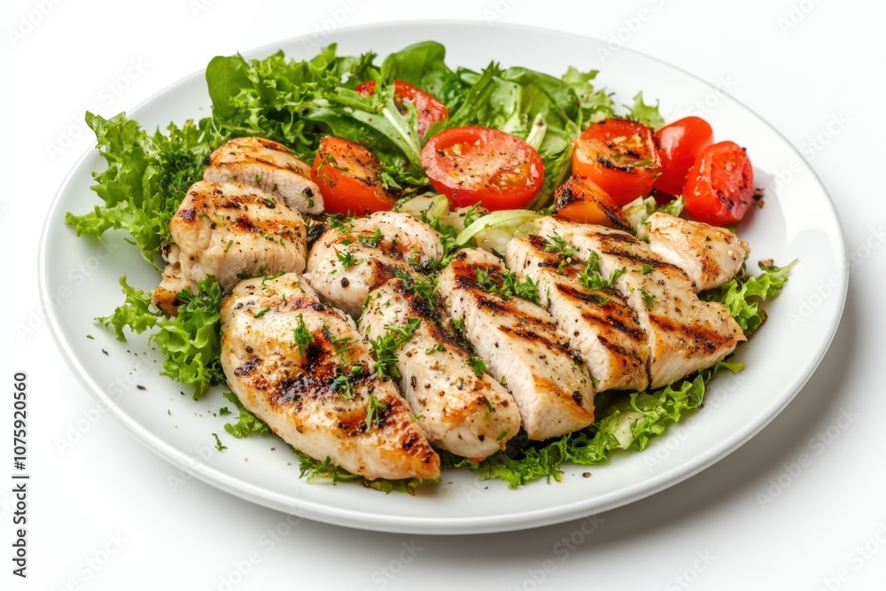 Grilled chicken breast with salad and tomatoes on a white plate. (1) Grilled chicken breast with salad and tomatoes on a white plate. (1)