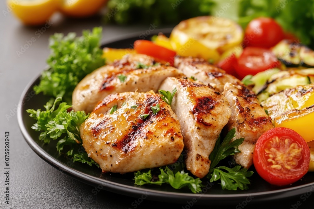 Grilled chicken breast with vegetables on a plate. Grilled chicken breast with vegetables on a plate.