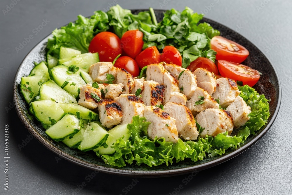 Grilled chicken salad with cucumber, tomato and lettuce on a black plate. Grilled chicken salad with cucumber, tomato and lettuce on a black plate.