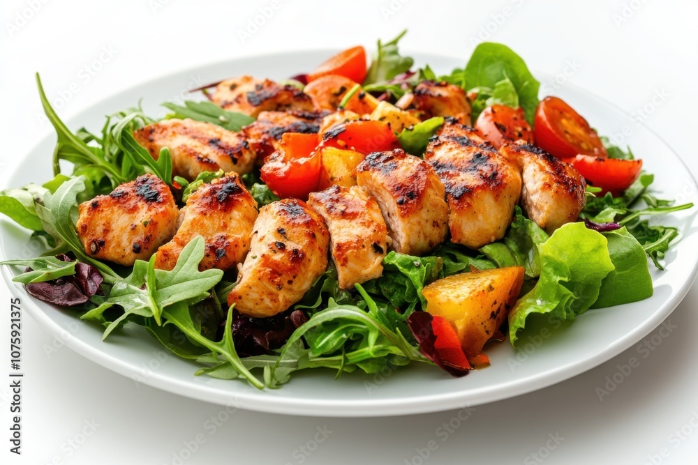 Grilled chicken salad with tomatoes and greens on a white plate. Grilled chicken salad with tomatoes and greens on a white plate.