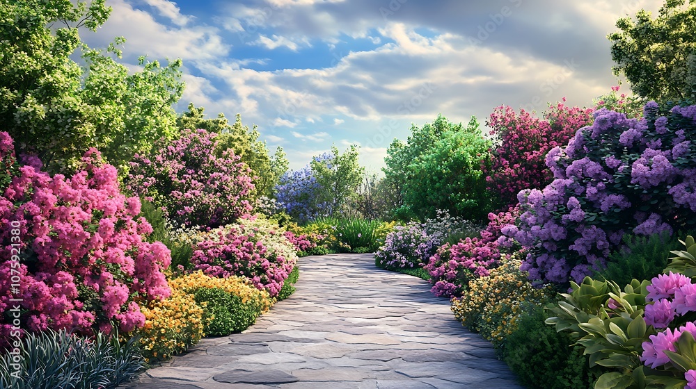 Fototapeta premium A vibrant pathway through a colorful garden filled with blooming flowers and lush greenery under a bright sky.