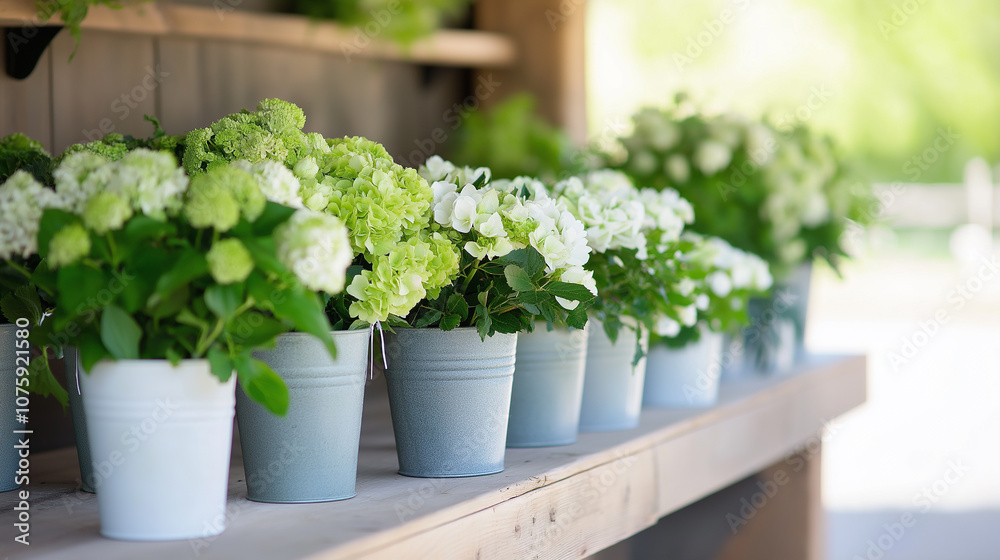 Fresh flowers displayed in rustic buckets on wooden shelf, showcasing vibrant green and white blooms. serene setting evokes sense of tranquility and natural beauty Fresh flowers displayed in rustic buckets on wooden shelf, showcasing vibrant green and white blooms. serene setting evokes sense of tranquility and natural beauty