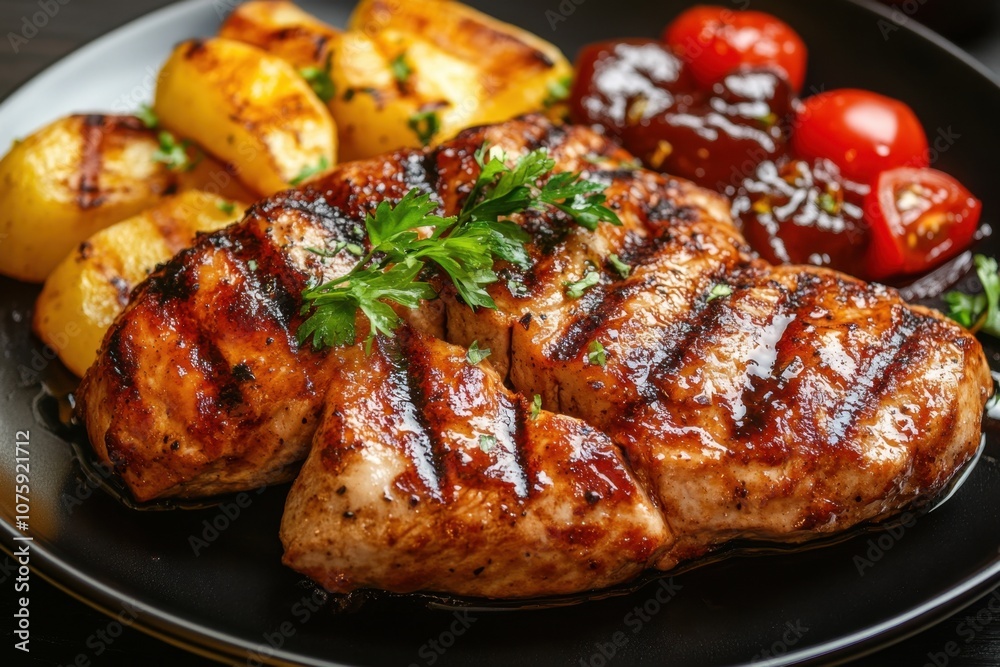 Grilled chicken with roasted potatoes and cherry tomatoes on black plate. Grilled chicken with roasted potatoes and cherry tomatoes on black plate.