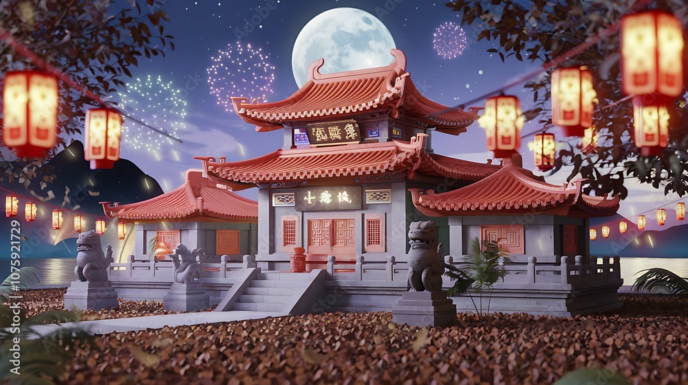Chinese Temple with Lanterns and Fireworks Under a Full Moon Chinese Temple with Lanterns and Fireworks Under a Full Moon