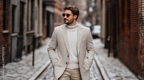 Stylish man in light coat and sunglasses walking in urban setting, exuding confidence and elegance. cobblestone street adds charm to fashionable scene