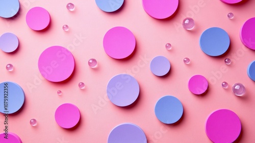 Pink and blue circles arranged in a random pattern on a pink background with clear spheres.