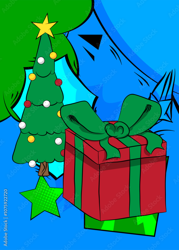 Obraz premium Cartoon Gift Box and Christmas decorated pine tree, comic book holiday celebration. Retro vector comics pop art design.