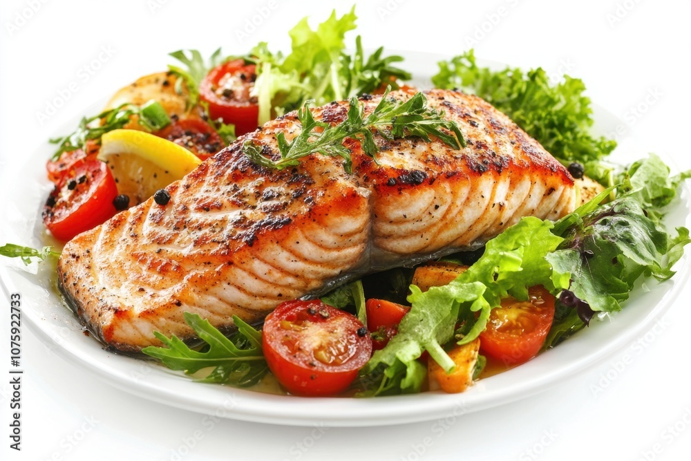 Grilled salmon fillet with fresh salad and cherry tomatoes. Grilled salmon fillet with fresh salad and cherry tomatoes.