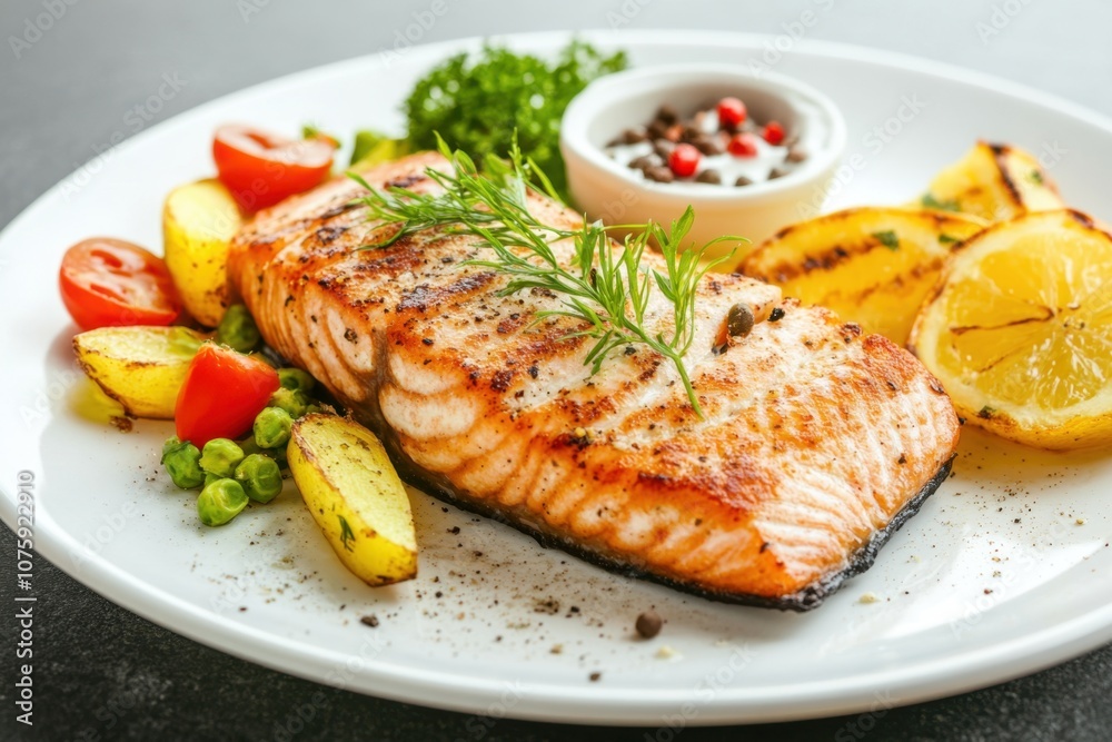 Grilled salmon fillet with roasted vegetables and lemon wedges on a white plate. Grilled salmon fillet with roasted vegetables and lemon wedges on a white plate.