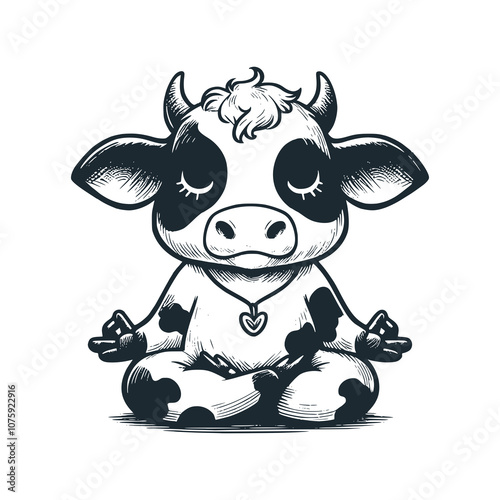 Cow meditating. Black white vector illustration.